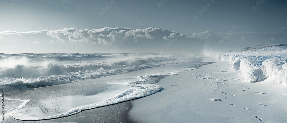 Obraz premium Snowcovered beach with icy waves and a wintery sky