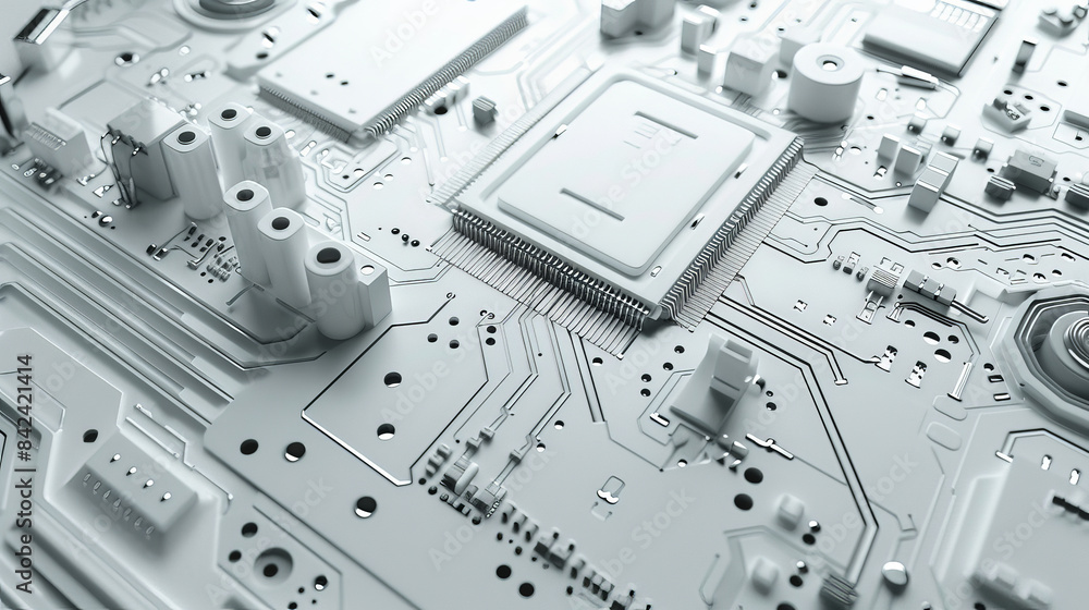 Fototapeta premium A close-up of a white computer motherboard circuit board, a complex web of electronic components essential for the computer's functionality