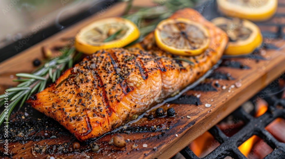 A piece of salmon cooking on a grill alongside slices of lemon and sprigs of rosemary on a wooden board