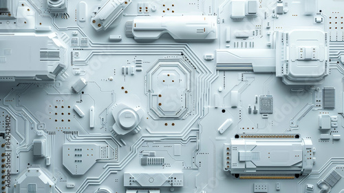 Top View of a white computer motherboard circuit board