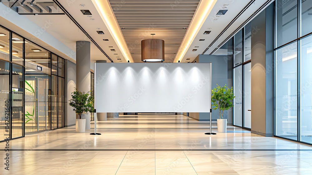 Fototapeta premium Modern office entryway featuring wide horizontal roll-up standee banners.