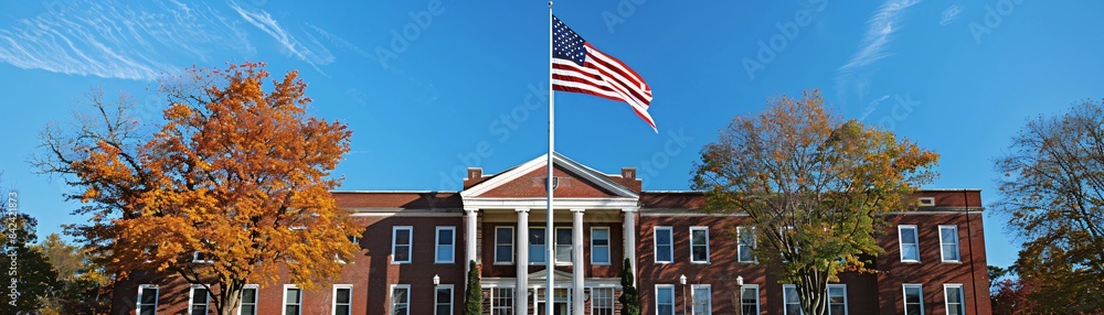 Fototapeta premium In front of a historic building, a large American flag is being raised during a celebration of freedom, with clear blue skies offering plenty of copy space for text.