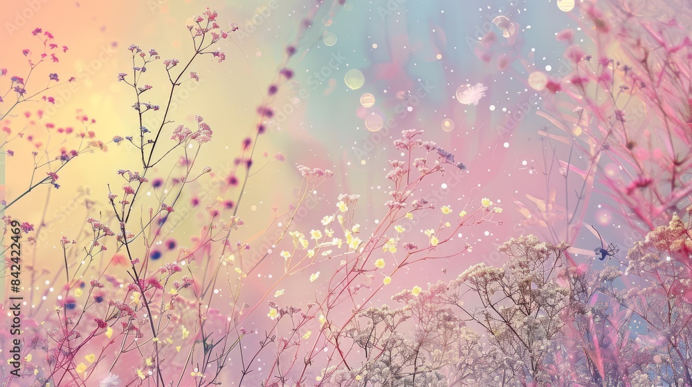 Tender and bright colorful field flowers background. Morning light, mist and soft bokeh effect wallpaper.