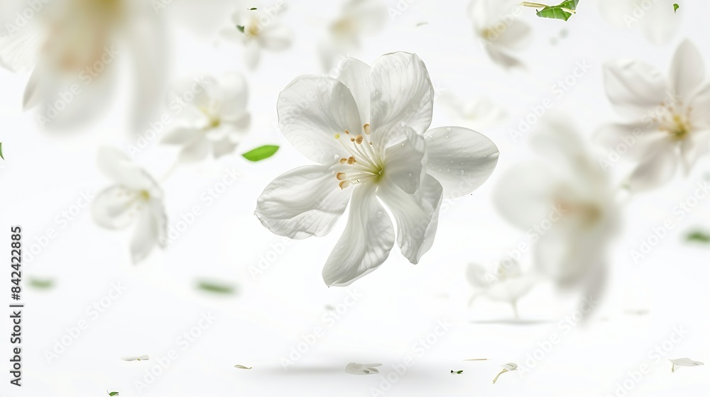 Jasmine bloom A beautifull white flower of Jasmine falling in the air isolated on white background Levitation or zero gravity concept High resolution image : Generative AI Jasmine bloom A beautifull white flower of Jasmine falling in the air isolated on white background Levitation or zero gravity concept High resolution image : Generative AI