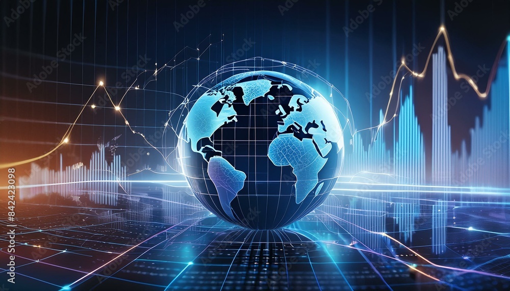 Glowing globe and graph, world financial investment and stock trading concept banner Glowing globe and graph, world financial investment and stock trading concept banner