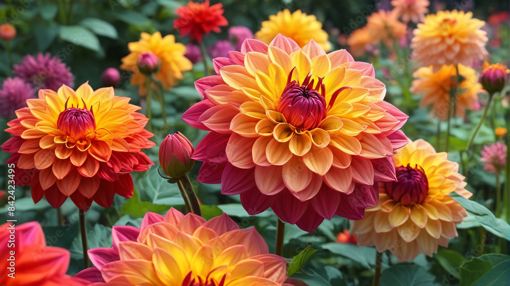 Summer Symphony: Harmonizing Nature's Palette with Dahlia Flowers in a Radiant Garden Setting, Generative AI Summer Symphony: Harmonizing Nature's Palette with Dahlia Flowers in a Radiant Garden Setting, Generative AI