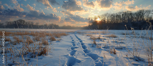 Snowcovered meadow with deer tracks photo