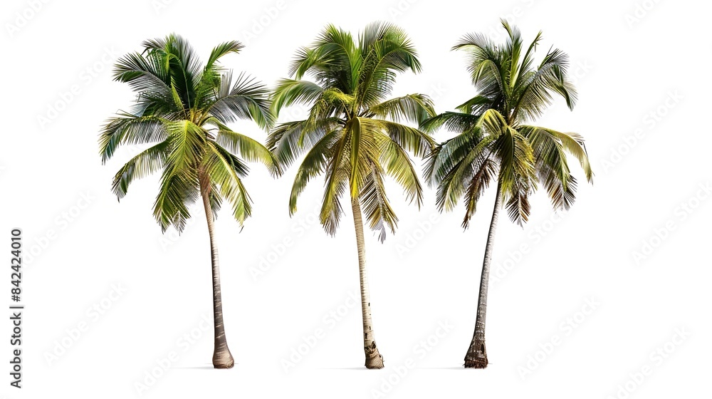 Three coconut palm trees isolated on white background : Generative AI Three coconut palm trees isolated on white background : Generative AI