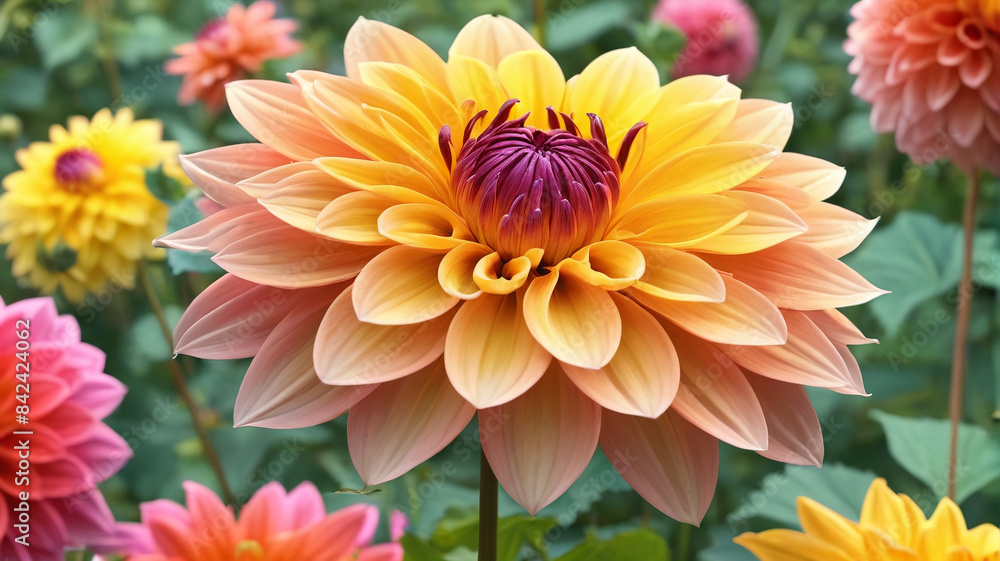 Obraz premium Dahlia Paradise: Transporting the Soul to a Blissful Realm of Color and Fragrance in the Summer Garden, Generative AI
