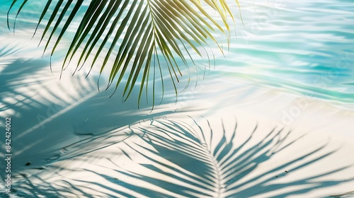 palm leaf shadow on abstract white sand beach background sun lights on water surface beautiful abstract background concept banner for summer vacation at the beach   Generative AI