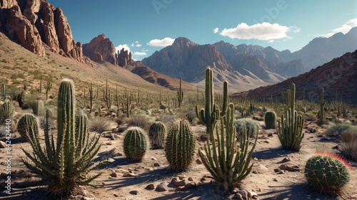 Prickly Peaks Perspective: A Spectacular View of Desert Cacti Against the Dramatic Backdrop of High Mountain Ranges, Generative AI