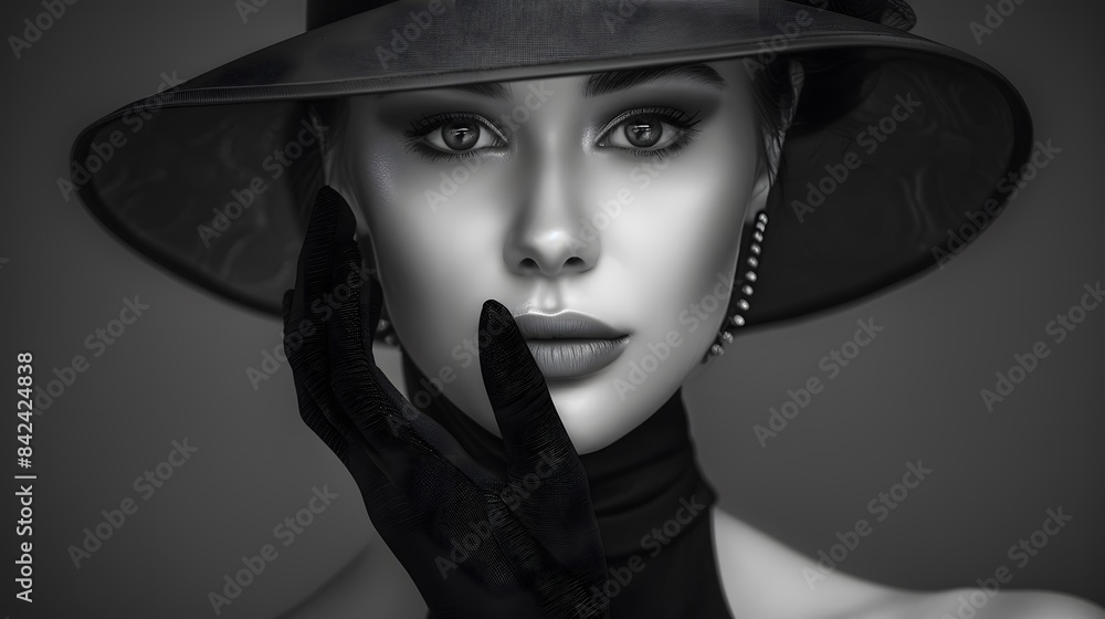 Elegant black and white portrait of a woman with a classic hat and gloves Elegant black and white portrait of a woman with a classic hat and gloves