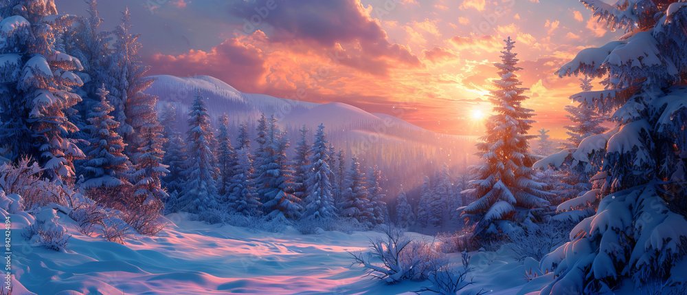 Snowcovered trees with a sunset background Snowcovered trees with a sunset background