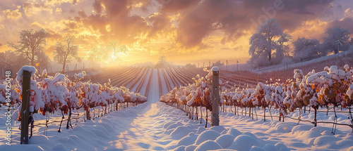 Snowcovered vineyard with rows of grapevines and a wintery sky photo