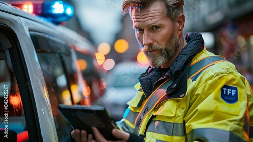 A Man in Yellow Safety Gear Using a Tablet on a Busy City Street © fotofabrika