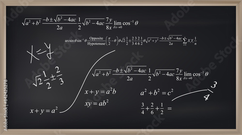 Vector illustration of chalkboard and math formulas on chalkboard. Numbers. Calculation. Teaching math on chalkboard. Chalkboard.