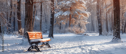 Snowy bench in a park with a backdrop of tall, snowcovered trees