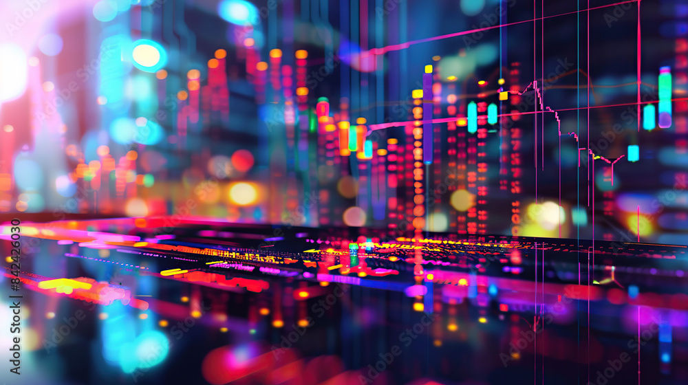 Obraz premium Closeup of an AI dashboard displaying stock market data with colorful graphs and charts,