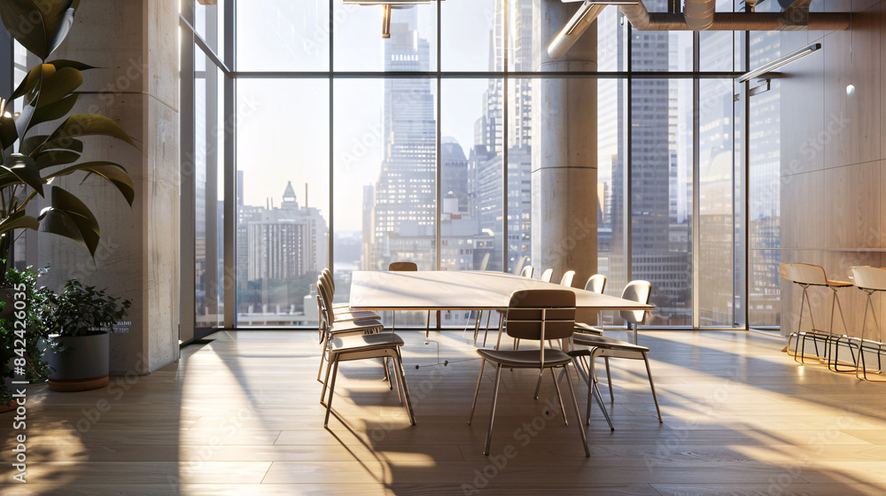Modern conference room with city view, empty table and chairs Modern conference room with city view, empty table and chairs