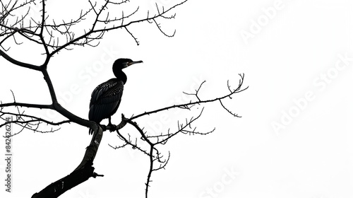 Silhouette of great cormorant bird standing on leafless tree branch and looking away against white background   Generative AI