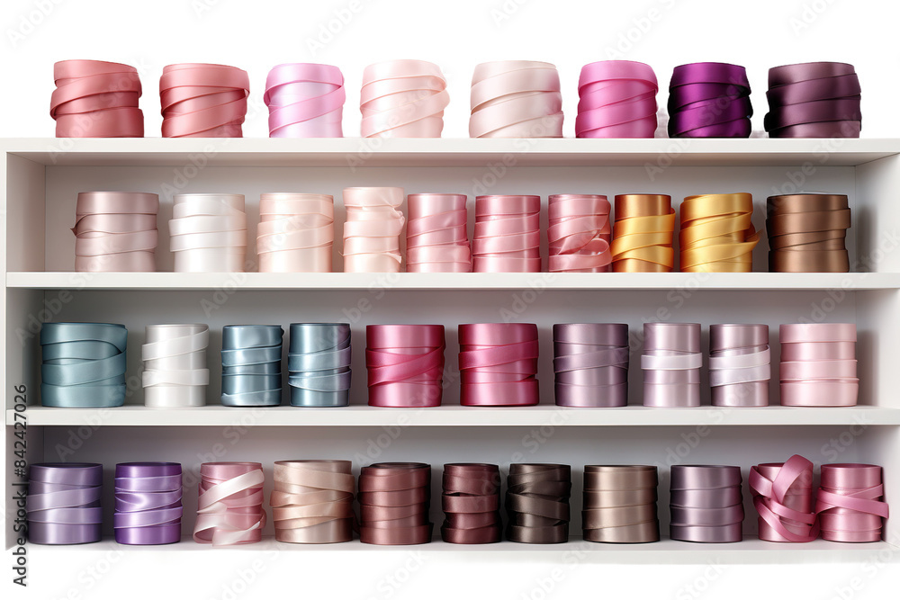 Φωτογραφία Colorful sewing thread spools on shelf, satin embroidery floss collection, craft