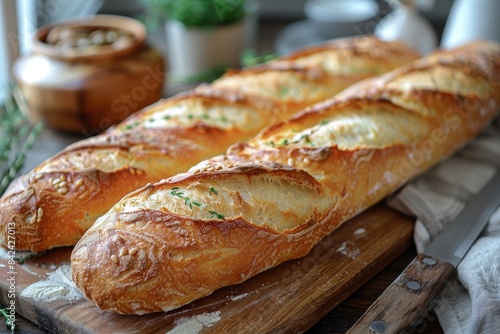 Baguette A classic French baguette, crispy and golden on the outside, soft and airy on the inside. Displayed on a wooden cutting board with a bread knife.