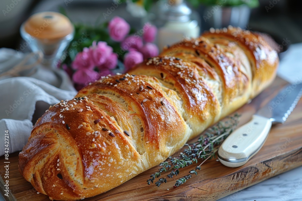 Baguette A classic French baguette, crispy and golden on the outside, soft and airy on the inside. Displayed on a wooden cutting board with a bread knife. Baguette A classic French baguette, crispy and golden on the outside, soft and airy on the inside. Displayed on a wooden cutting board with a bread knife.