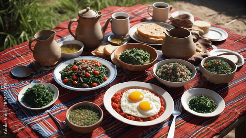 Maasai Breakfast Celebration: Dive into Maasai Culture with a Hearty Breakfast Spread of Ugali, Sukuma Wiki, and Chai Tea, Generative AI photo
