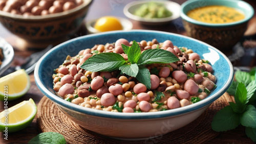 Nile River Breakfast Delicacies: Delight in Egyptian Cuisine with Ful Medames, Ta'meya, and Mint Tea to Start Your Day, Generative AI