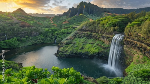 Tranquil waterfall amidst lush greenery at sunset landscape