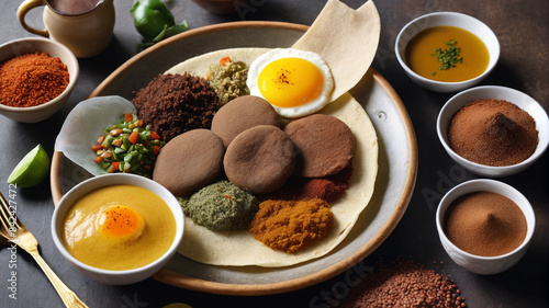Ethiopian Breakfast Extravaganza: Dive into Ethiopian Culture with a Breakfast Feast of Injera, Doro Wat, and Ethiopian Coffee, Generative AI photo