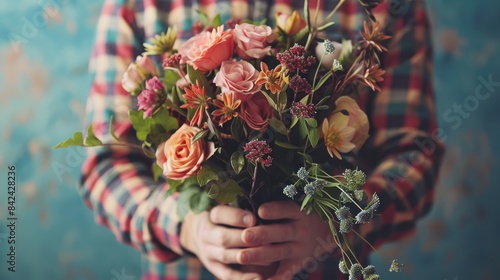 A man displays a beautiful bunch of flowers conveying feelings and leaving room for text