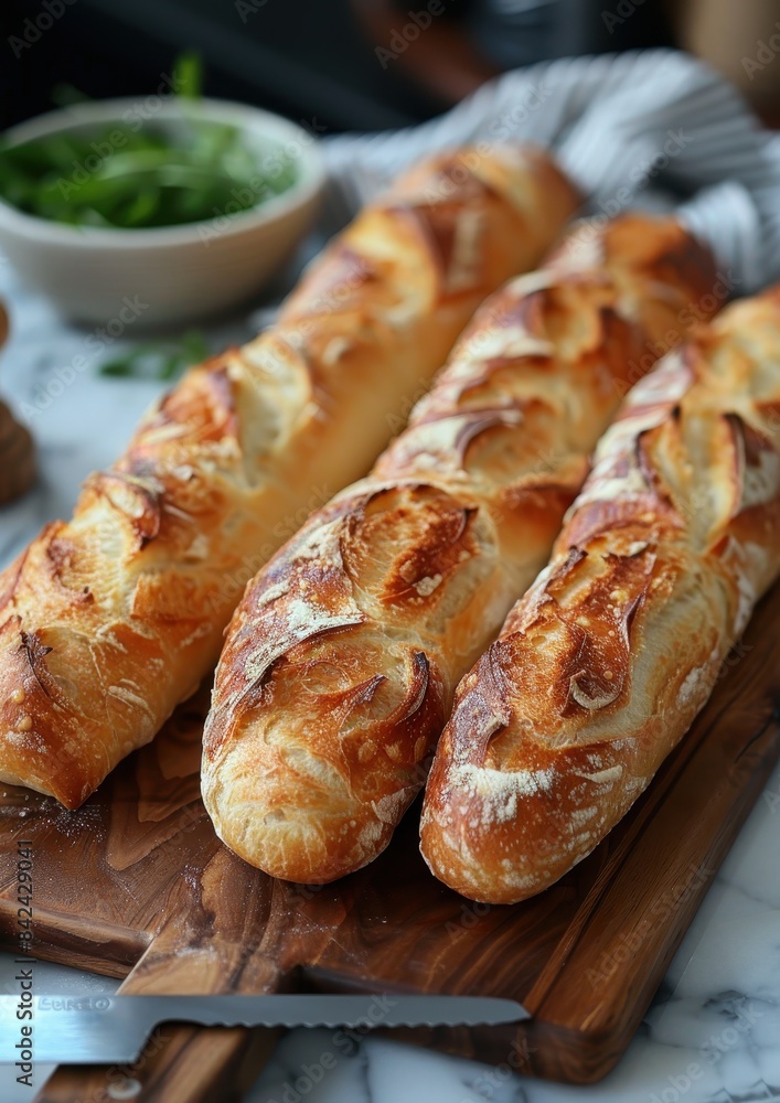 Baguette A classic French baguette, crispy and golden on the outside, soft and airy on the inside. Displayed on a wooden cutting board with a bread knife. Baguette A classic French baguette, crispy and golden on the outside, soft and airy on the inside. Displayed on a wooden cutting board with a bread knife.
