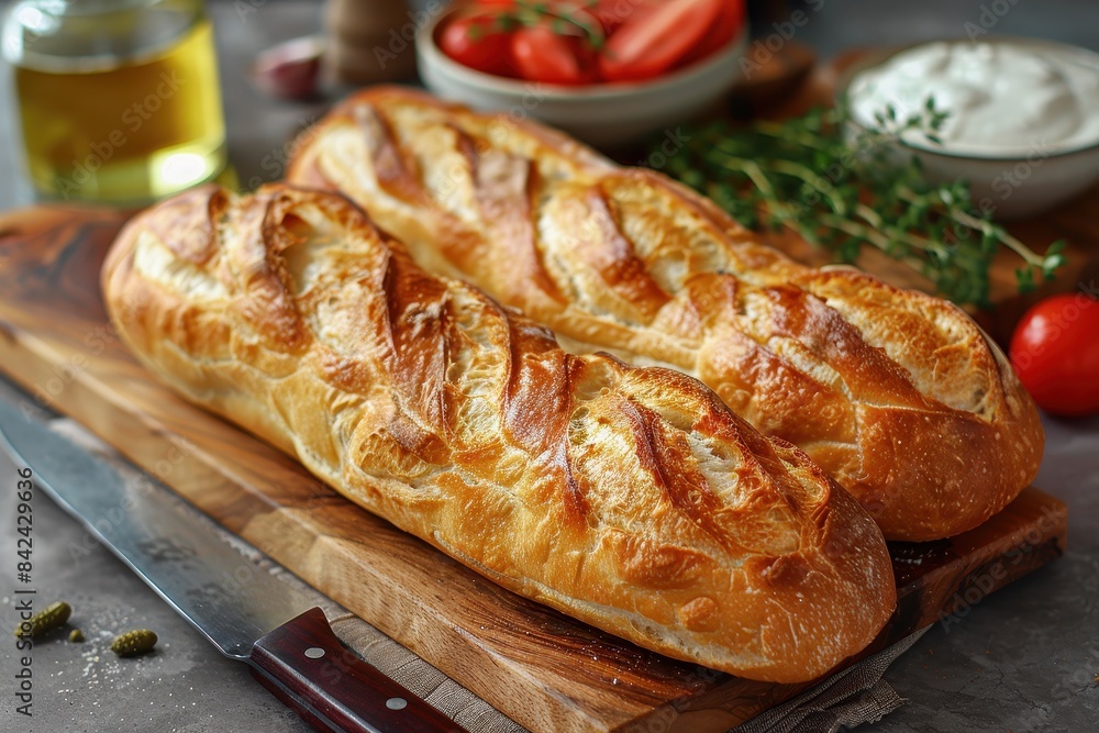 Baguette A classic French baguette, crispy and golden on the outside, soft and airy on the inside. Displayed on a wooden cutting board with a bread knife. Baguette A classic French baguette, crispy and golden on the outside, soft and airy on the inside. Displayed on a wooden cutting board with a bread knife.