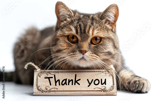 Cat's gratitude. The cat lies face down on wooden sign with the inscription "Thank you." Take care of animals