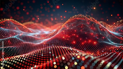 abstract metallic red black background with contrast, super realistic. High quality photo, 8K quality, Technology background with connected dots on 3D wave landscape. Data science, particles, digital 