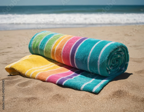 Un vivace telo da mare a righe multicolore è steso su una spiaggia di sabbia bianca, con conchiglie sparse intorno che aggiungono un tocco naturale alla scena.
 photo