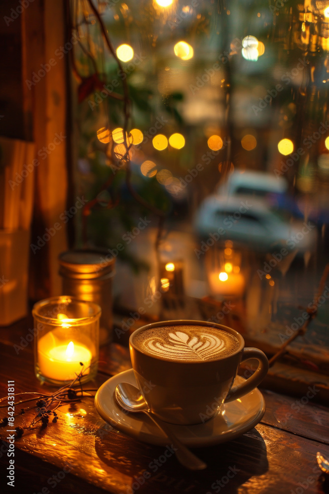 Evening coffee with a warm, dimly lit environment, possibly including candles or soft lighting for a relaxed atmosphere Evening coffee with a warm, dimly lit environment, possibly including candles or soft lighting for a relaxed atmosphere