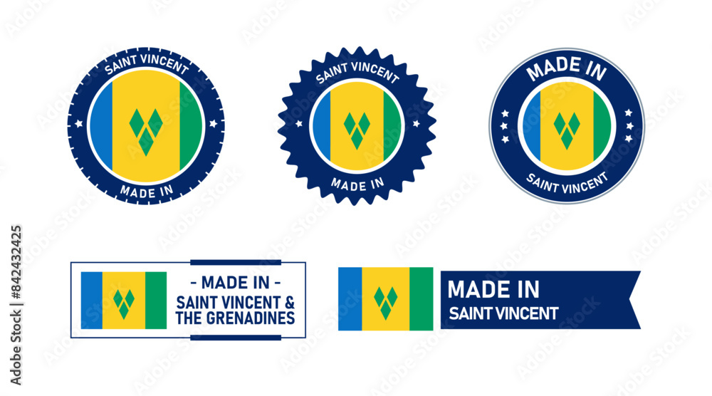 Fototapeta premium Saint Vincent and the Grenadines flag, Made in Saint Vincent and the Grenadines. Tag, Seal, Stamp, Flag, Icon vector