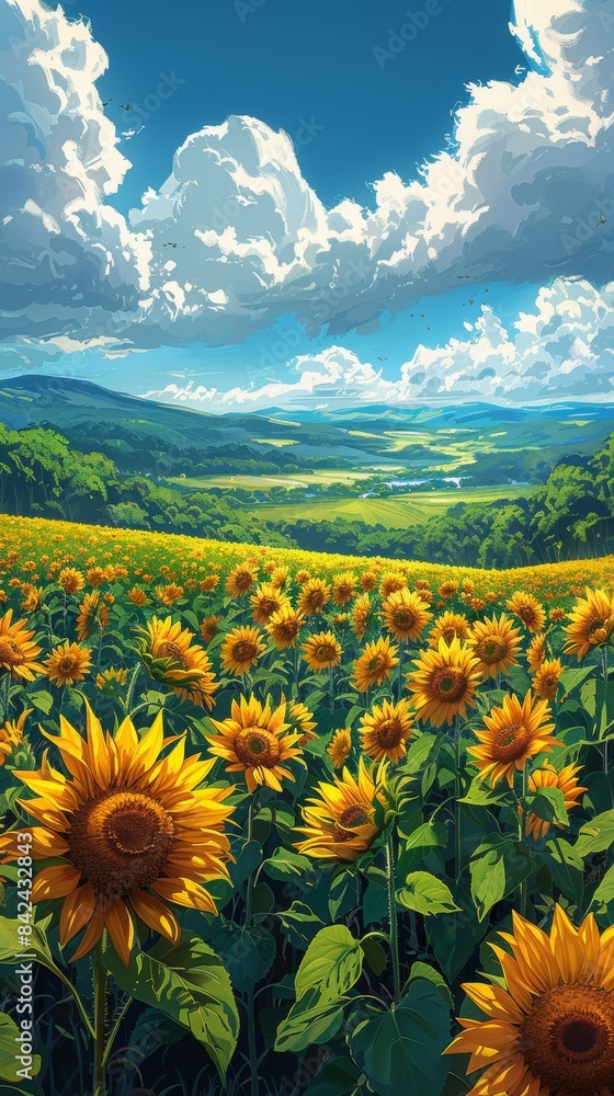 Obraz premium A detailed illustration of a blooming sunflower field under a bright blue sky. 