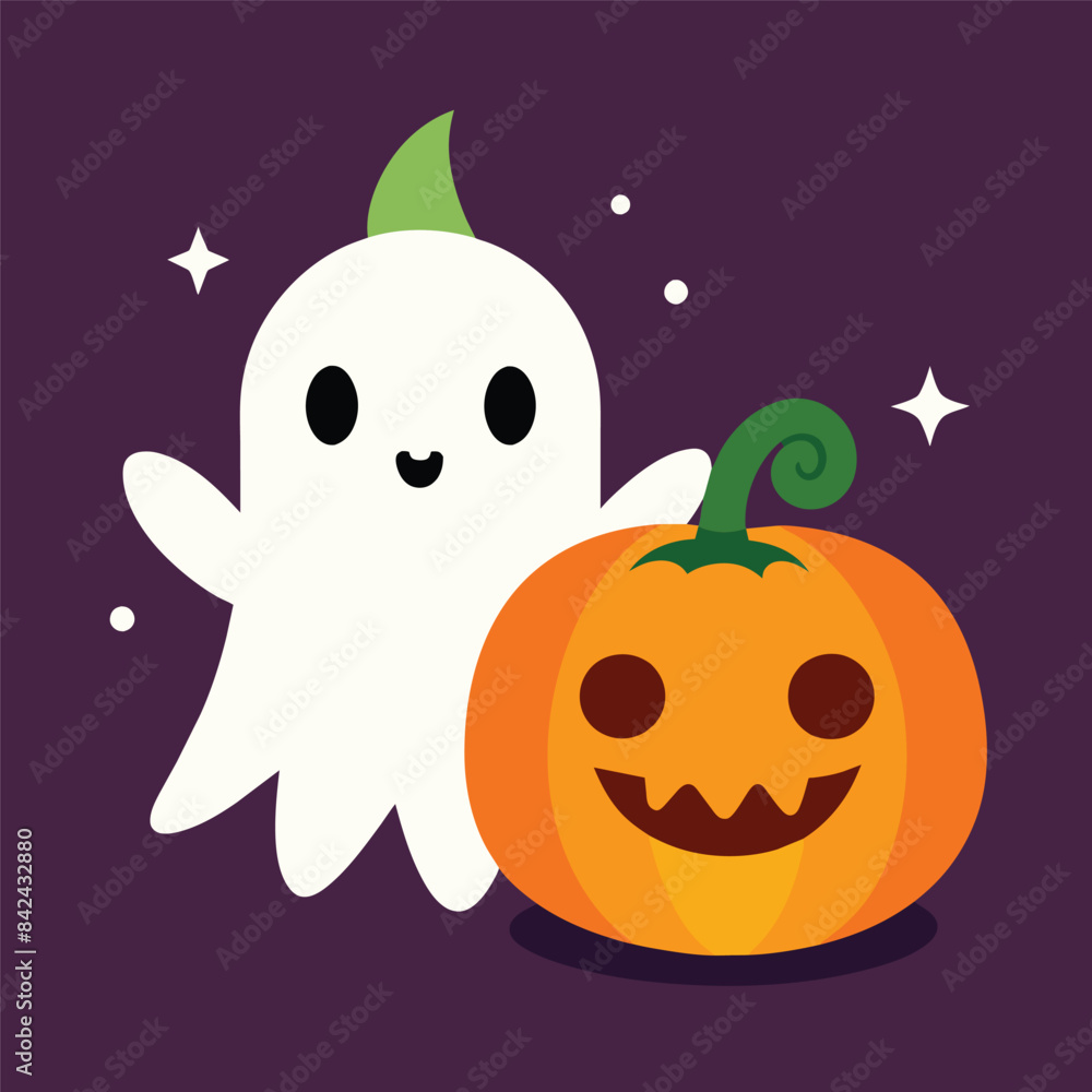 Fototapeta premium cute Halloween design, with a cute pumpkin and a little cute ghost vector illustration eps 10