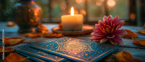 Tarot card deck with intricate designs on a table