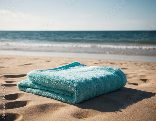 Un telo da mare azzurro è steso su una sabbia dorata, contrastando vivacemente con il cielo limpido e l'oceano sullo sfondo.
 photo