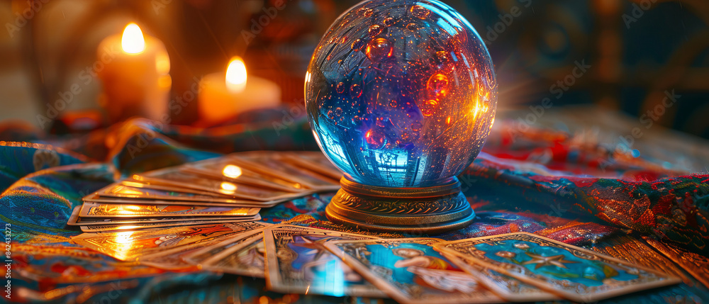 Tarot card spread with a glowing crystal ball Tarot card spread with a glowing crystal ball