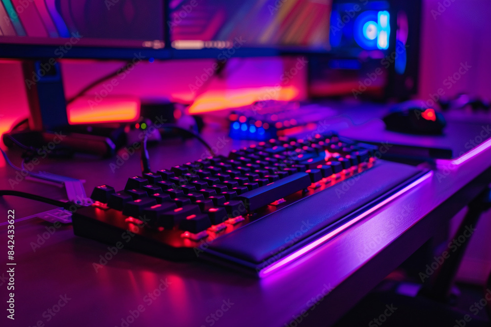 Gamer's place. Computer desk with gaming keyboard, mouse and monitor. RGB lighting. Dark room with dim neon lighting. Pink blue light Gamer's place. Computer desk with gaming keyboard, mouse and monitor. RGB lighting. Dark room with dim neon lighting. Pink blue light