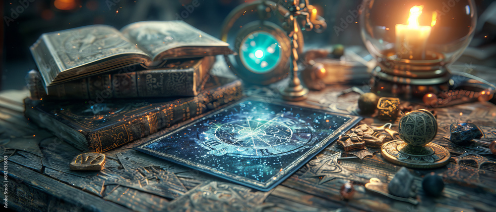 Tarot cards and astrological tools on a mystical table Tarot cards and astrological tools on a mystical table