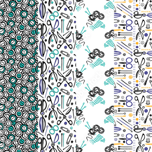 Tailor tools, sewing elements and icons. Doodle seamless pattern set. Vector Illustration on white background
