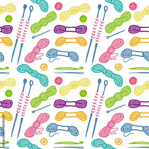 Color skeins and knitting needles. Handmade doodle seamless pattern. Vector illustration on white background.