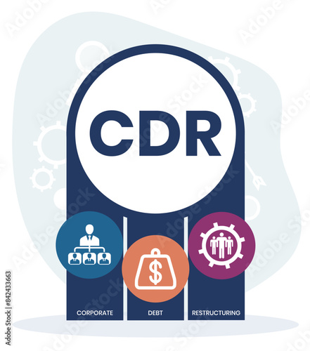 CDR. CORPORATE DEBT RESTRUCTURING acronym. Concept with keyword and icons. Flat vector illustration. Isolated on white.