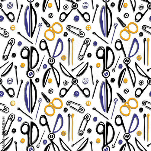 Scissors, buttons and needles. Sewing elements and icons. Doodle seamless pattern set. Vector Illustration